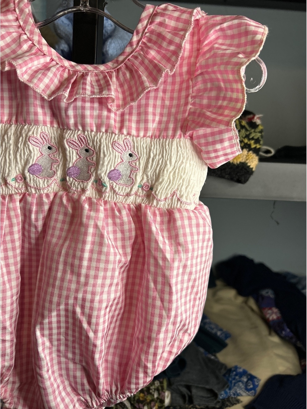 Baby Girl Pink Gingham Romper with Bunny Embroidery 6-12M